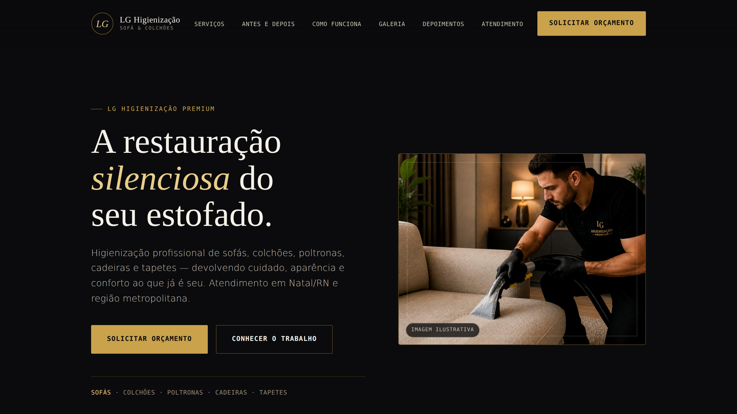 Página inicial do site LG Higienização Premium, desenvolvido pela Macaíba Host